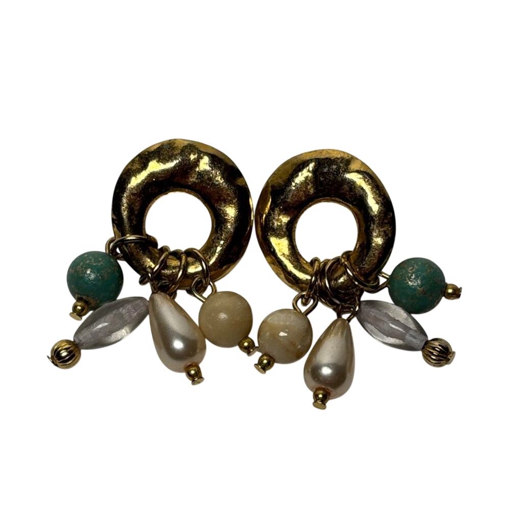 Vintage Gold Tone Hoop Cream and Green Beaded Dangle Earrings
